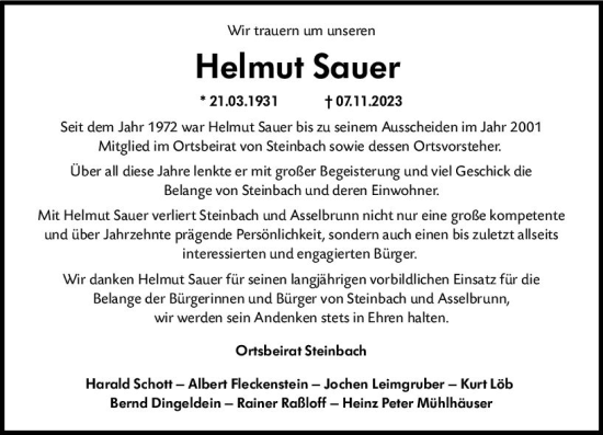 Traueranzeige von Helmut Sauer von Odenwälder Echo