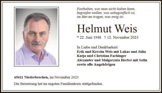 Traueranzeige von Helmut Weis von Nassauische Neue Presse