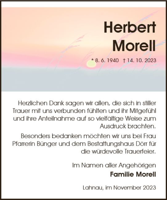 Traueranzeige von Herbert Morell von Wetzlarer Neue Zeitung