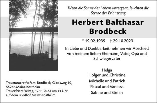 Traueranzeige von Herbert Balthasar Brodbeck von Allgemeine Zeitung Mainz
