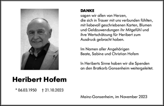 Traueranzeige von Heribert Hofem von Allgemeine Zeitung Mainz