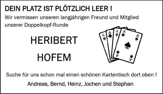Traueranzeige von Heribert Hofem von Allgemeine Zeitung Mainz