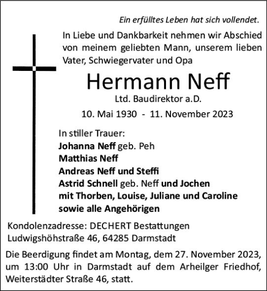 Traueranzeige von Hermann Neff von Darmstädter Echo