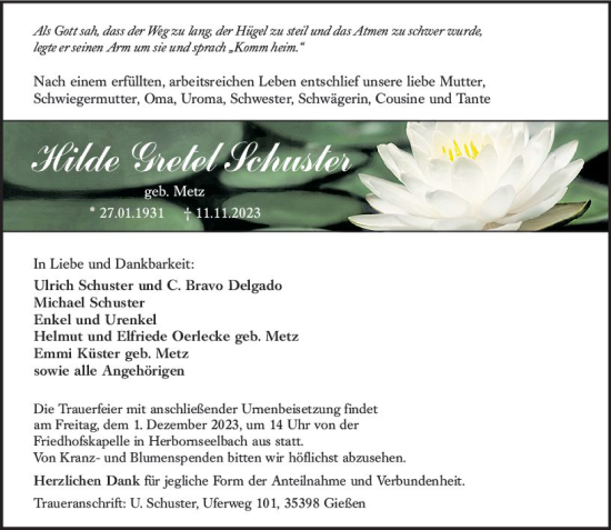 Traueranzeige von Hilde Gretel Schuster von Dill Block
