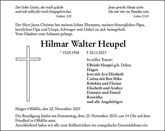 Traueranzeige von Hilmar Walter Heupel von Dill Block