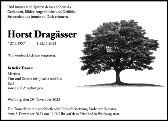 Traueranzeige von Horst Dragässer von Weilburger Tageblatt