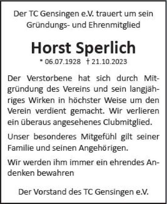 Traueranzeige von Horst Sperlich von Allgemeine Zeitung Bad Kreuznach