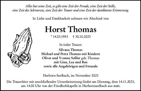 Traueranzeige von Horst Thomas von Dill Block