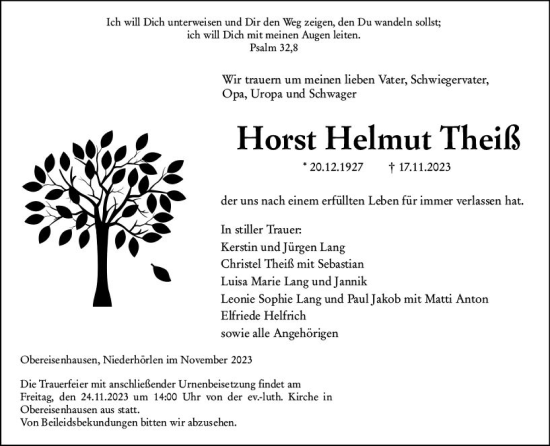 Traueranzeige von Horst Helmut Theiß von Hinterländer Anzeiger