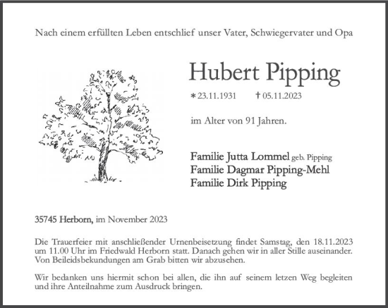 Traueranzeige von Hubert Pipping von Dill Block