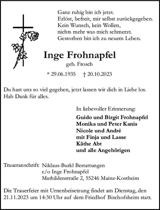 Traueranzeige von Inge Frohnapfel von Allgemeine Zeitung Mainz