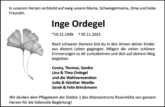 Traueranzeige von Inge Ordegel von Darmstädter Echo