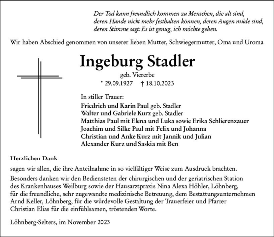 Traueranzeige von Ingeburg Stadler von Weilburger Tageblatt