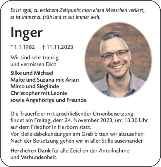 Traueranzeige von Inger  von Dill Block