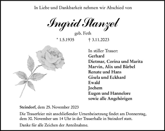 Traueranzeige von Ingrid Stanzel von Wetzlarer Neue Zeitung