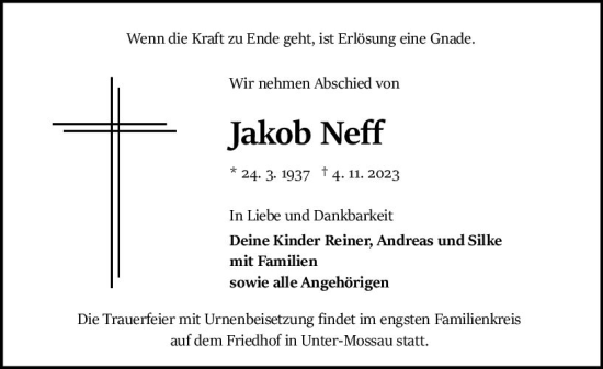 Traueranzeige von Jakob Neff von Odenwälder Echo