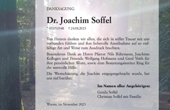 Traueranzeige von Joachim Soffel von Wormser Zeitung