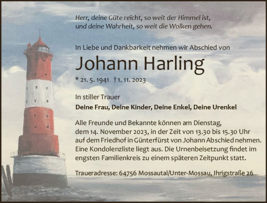 Traueranzeige von Johann Harling von Odenwälder Echo