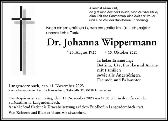 Traueranzeige von Johanna Wippermann von Nassauische Neue Presse