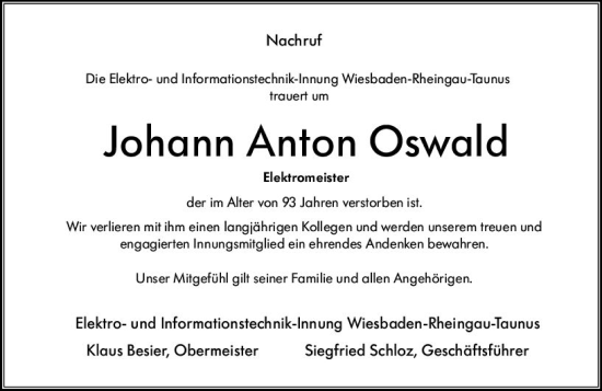 Traueranzeige von Johann Anton Oswald von Rheingau Kurier