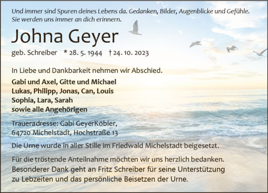 Traueranzeige von Johna Geyer von Odenwälder Echo