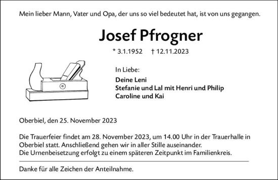 Traueranzeige von Josef Pfrogner von Wetzlarer Neue Zeitung