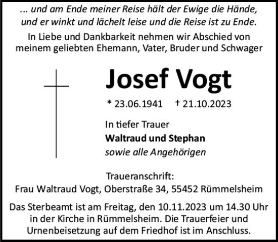 Traueranzeige von Josef Vogt von Allgemeine Zeitung Bingen/Ingelheim