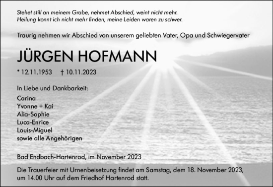 Traueranzeige von Jürgen Hofmann von Hinterländer Anzeiger