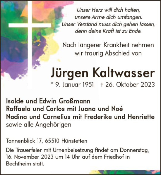 Traueranzeige von Jürgen Kaltwasser von Idsteiner Land/Untertaunus
