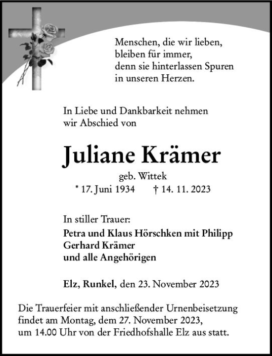 Traueranzeige von Juliane Krämer von Nassauische Neue Presse