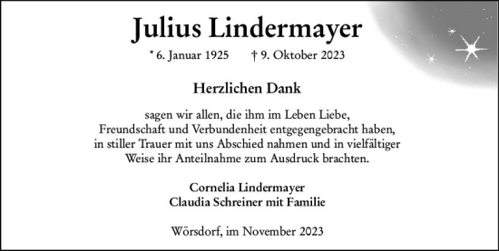 Traueranzeige von Julius Lindermayer von Camberger Anzeiger