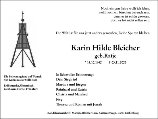 Traueranzeige von Karin Hilde Bleicher von Dill Block