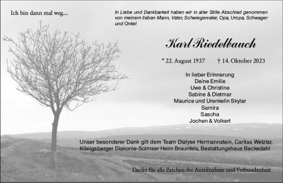 Traueranzeige von Karl Riedelbauch von Wetzlarer Neue Zeitung