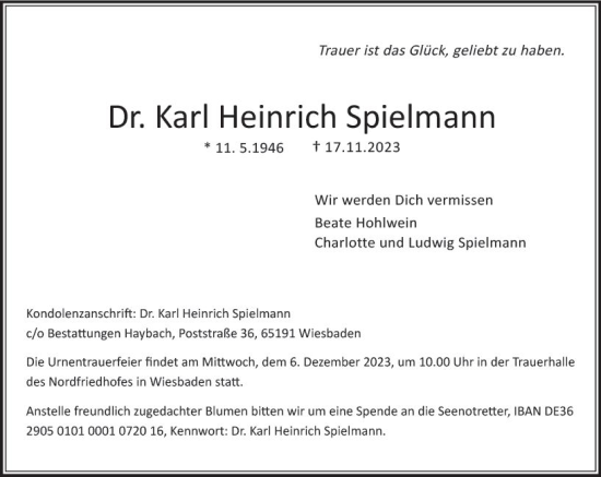 Traueranzeige von Karl Heinrich Spielmann von Wiesbadener Kurier