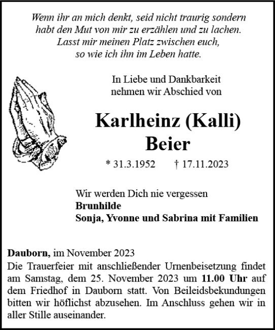 Traueranzeige von Karlheinz Beier von Camberger Anzeiger