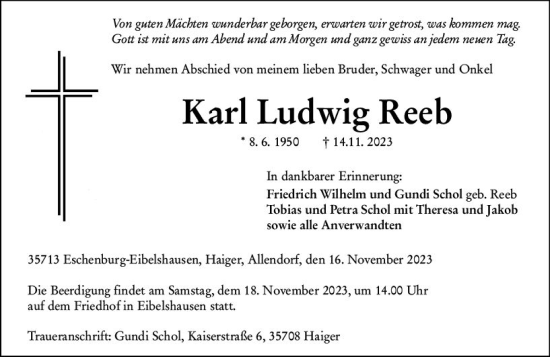 Traueranzeige von Karl Ludwig Reeb von Dill Block