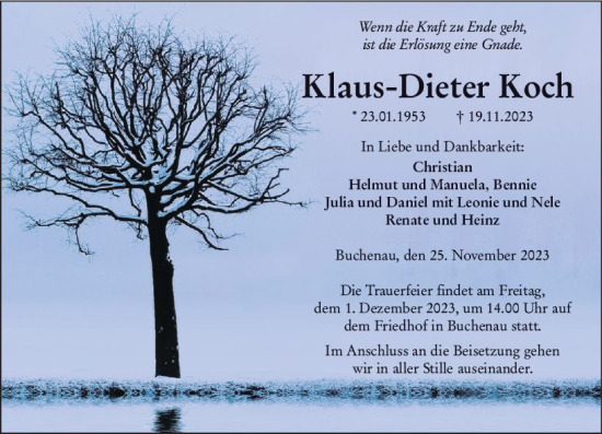 Traueranzeige von Klaus-Dieter Koch von Hinterländer Anzeiger