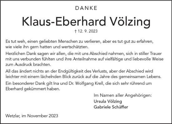 Traueranzeige von Klaus-Eberhard Völzing von Wetzlarer Neue Zeitung