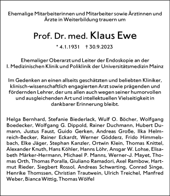 Traueranzeige von Klaus Ewe von Allgemeine Zeitung Mainz