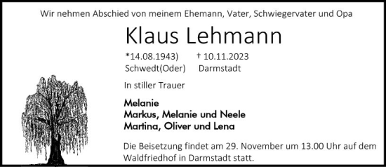 Traueranzeige von Klaus Lehmann von Darmstädter Echo