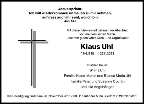 Traueranzeige von Klaus Uhl von Wetzlarer Neue Zeitung