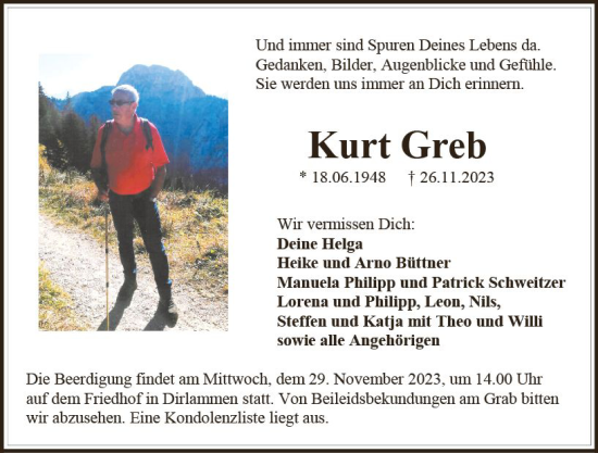 Traueranzeige von Kurt Greb von VRM Trauer