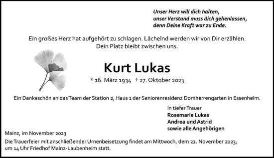 Traueranzeige von Kurt Lukas von Allgemeine Zeitung Mainz