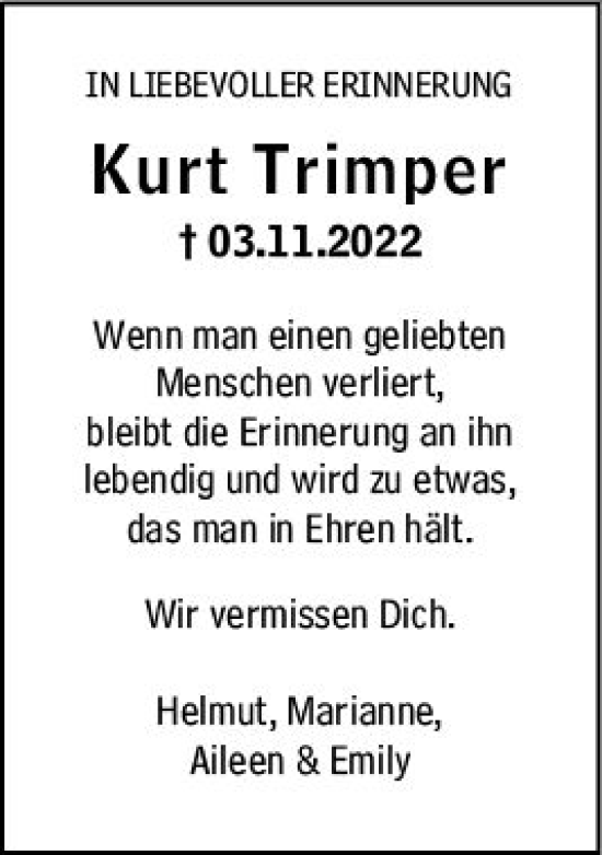 Traueranzeige von Kurt Trimper von Wiesbadener Kurier