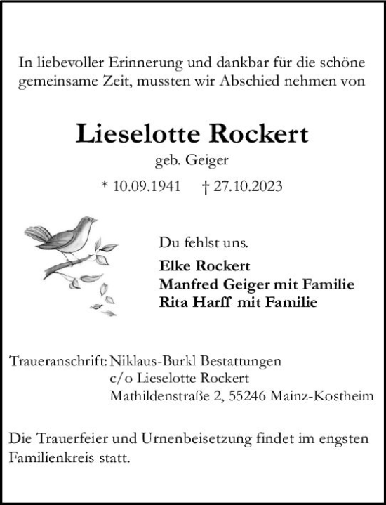 Traueranzeige von Lieselotte Rockert von Allgemeine Zeitung Mainz