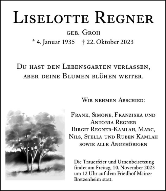 Traueranzeige von Liselotte Regner von Allgemeine Zeitung Mainz