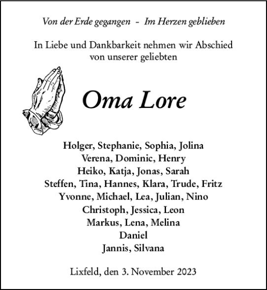 Traueranzeige von Lore  von Hinterländer Anzeiger
