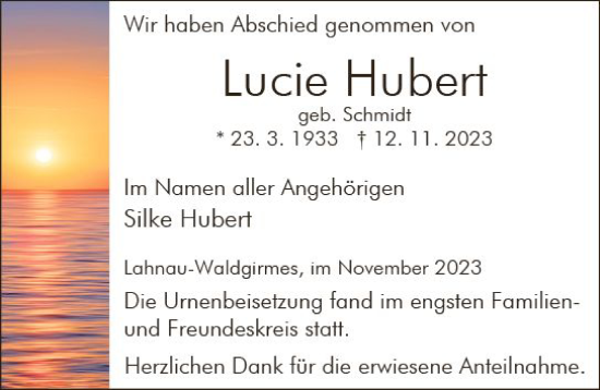 Traueranzeige von Lucie Hubert von Wetzlarer Neue Zeitung
