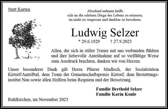 Traueranzeige von Ludwig Selzer von Oberhessen Kurier