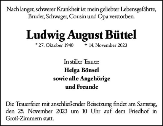 Traueranzeige von Ludwig August Büttel von Darmstädter Echo